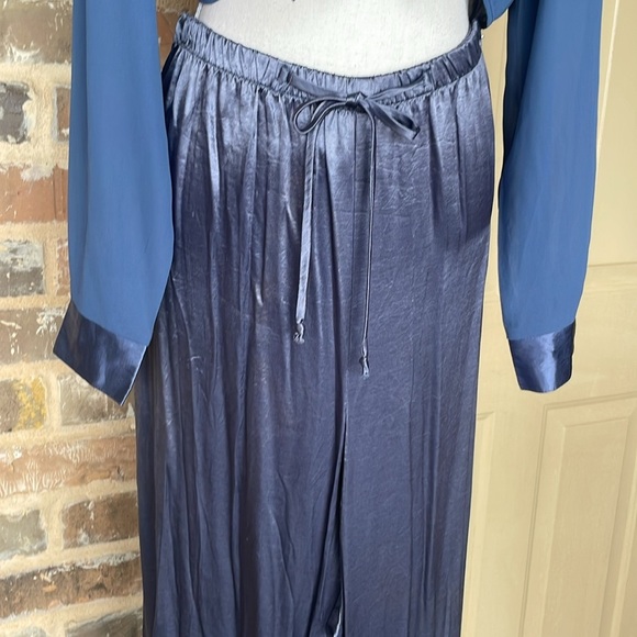 Vintage Judy Knapp Slate Blue Satin Pants Set Sheer Self Tie Halter Top Rayon LG - Picture 6 of 14